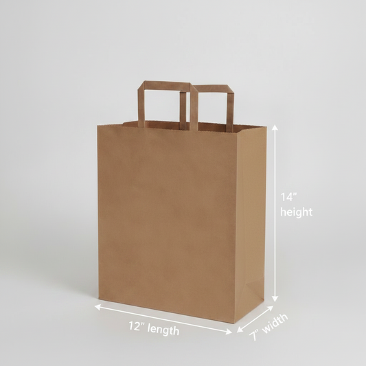 12" x 7" x 14" 1/7 Kraft Paper Bag - Flat Handles 300/Case